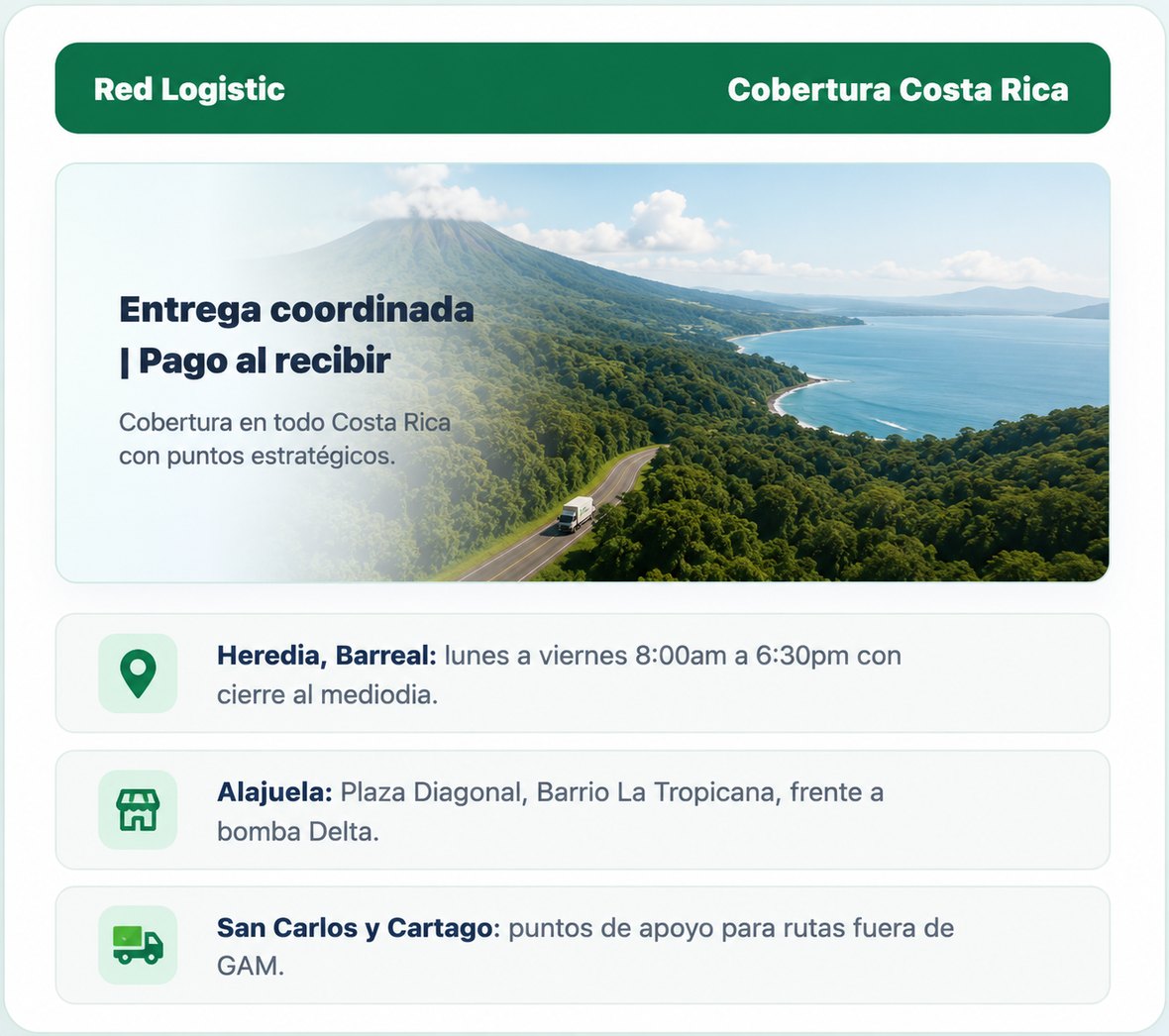 Cobertura Red Logistic Costa Rica con puntos de apoyo y pago al recibir